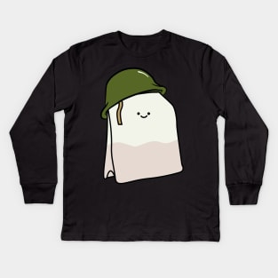 cute little teabag wearing a ww2 army helmet Kids Long Sleeve T-Shirt